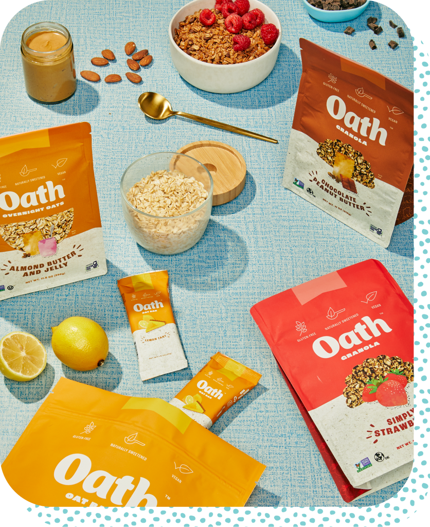 Granola, overnight oats and granola bars on a blue background - Oath Oats